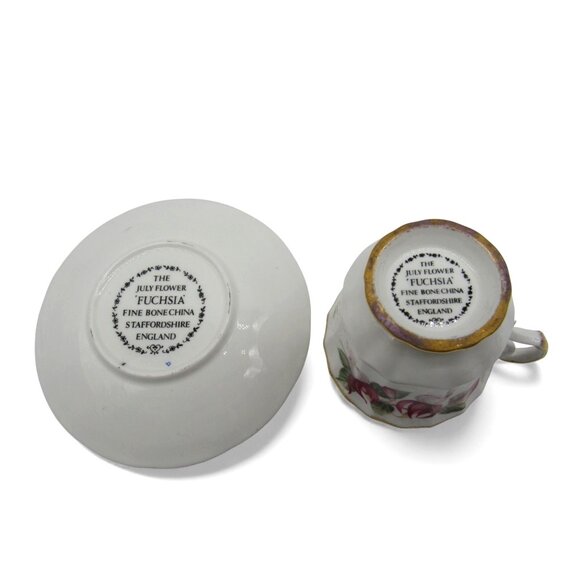 STAFFORDSHIRE Fuchsia July Flower Teacup & Saucer Set England Vintage - Picture 11 of 11